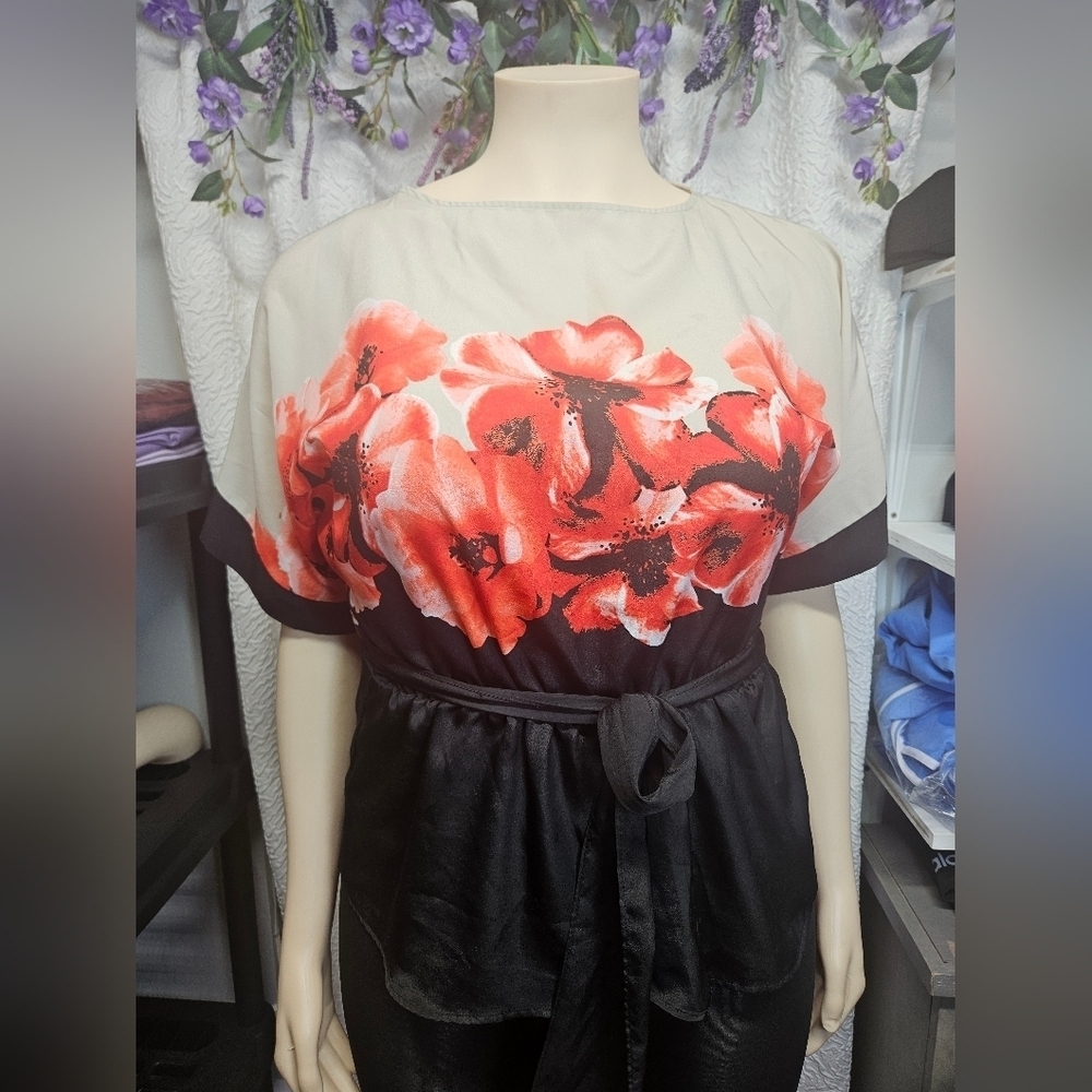New York & Company Pink Graphic Tie Front Blouse